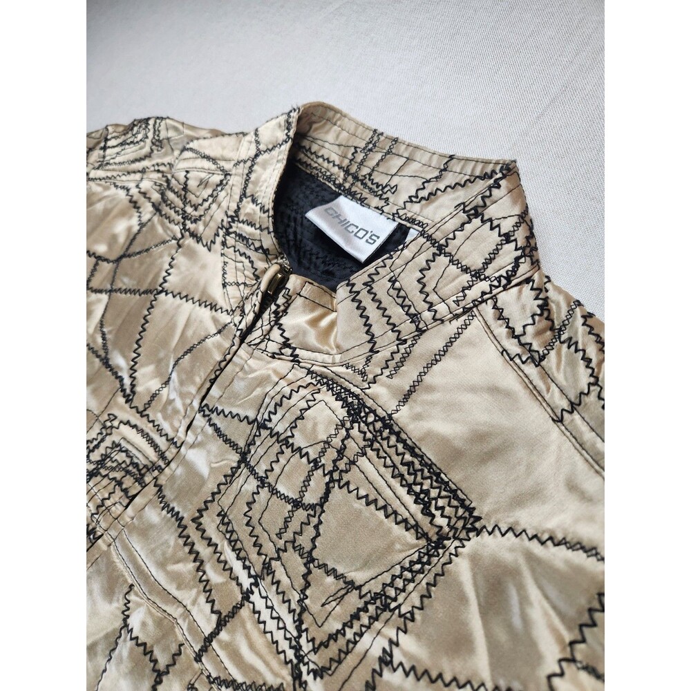 Chico's Women's Geometric Silk Embroidered Quilted Zip-Front Jacket Sz 1 #013